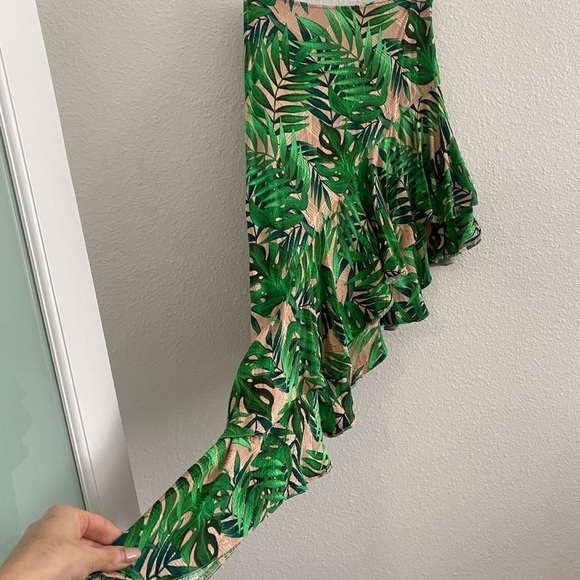 🌴 River Island Green Tropical Satin Skirt | Asymmetrical Ruffle Midi - Picture 8 of 10